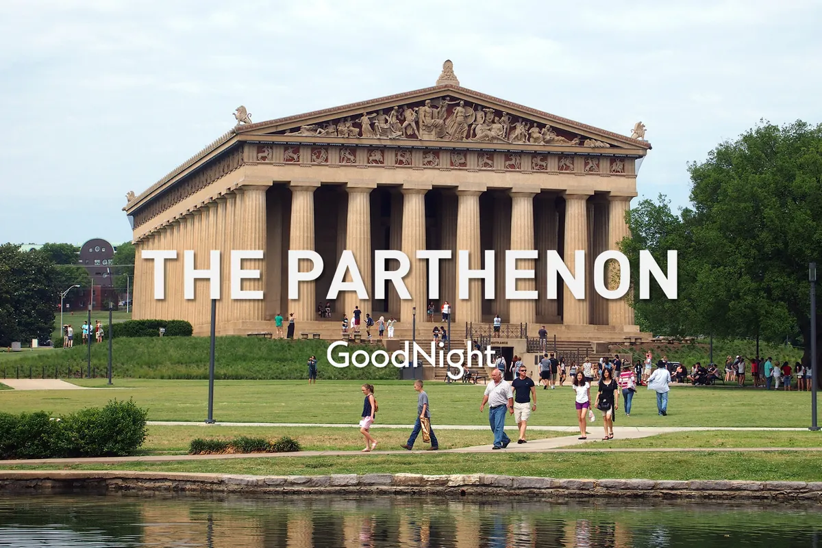 The exterior of Nashville’s iconic Parthenon stands at the heart of Centennial Park, with visitors walking across the lush, green lawn beneath a bright sky. The surrounding park provides a sense of openness and relaxation, while the grand architecture invites exploration and appreciation of local culture.
