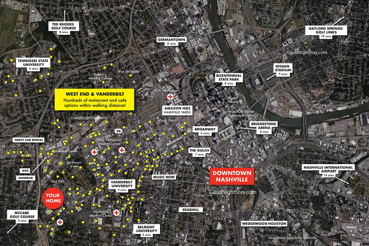 A panoramic view over Downtown Nashville and Vanderbilt University, with a variety of restaurants and cafes visible. The scene captures the vibrancy of the area and hints at the wealth of dining and cultural experiences accessible within walking distance.